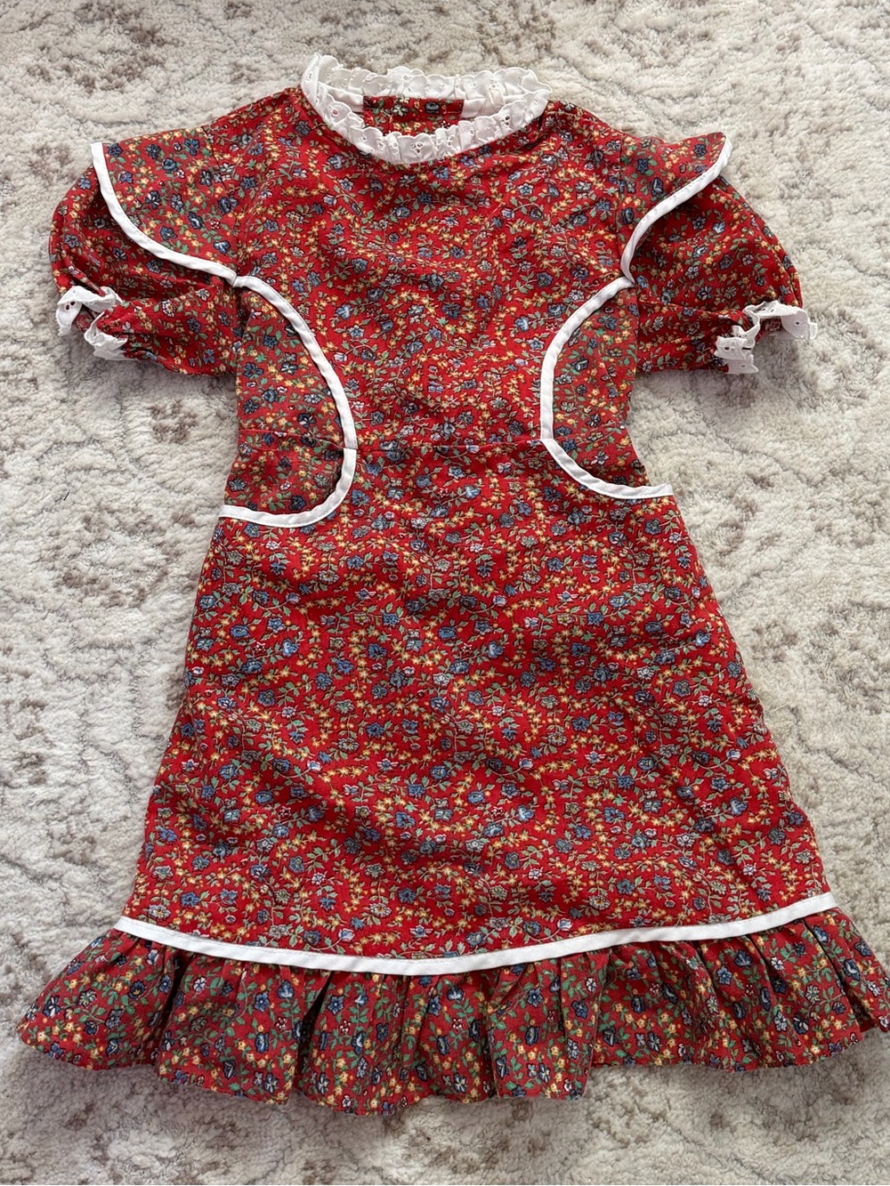 Vintage Girls Prairie Dress Red Floral White Lace Trim Cottagecore